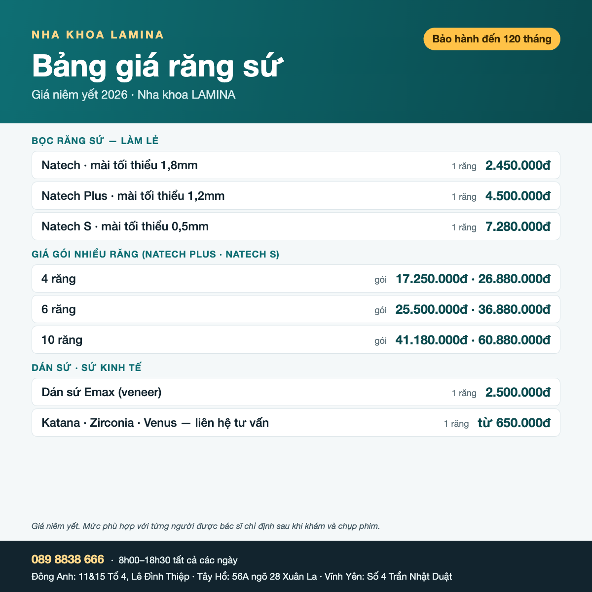 Bảng giá bọc răng sứ Natech, dán sứ Emax và sứ Katana, Zirconia, Venus tại Nha khoa LAMINA 2026