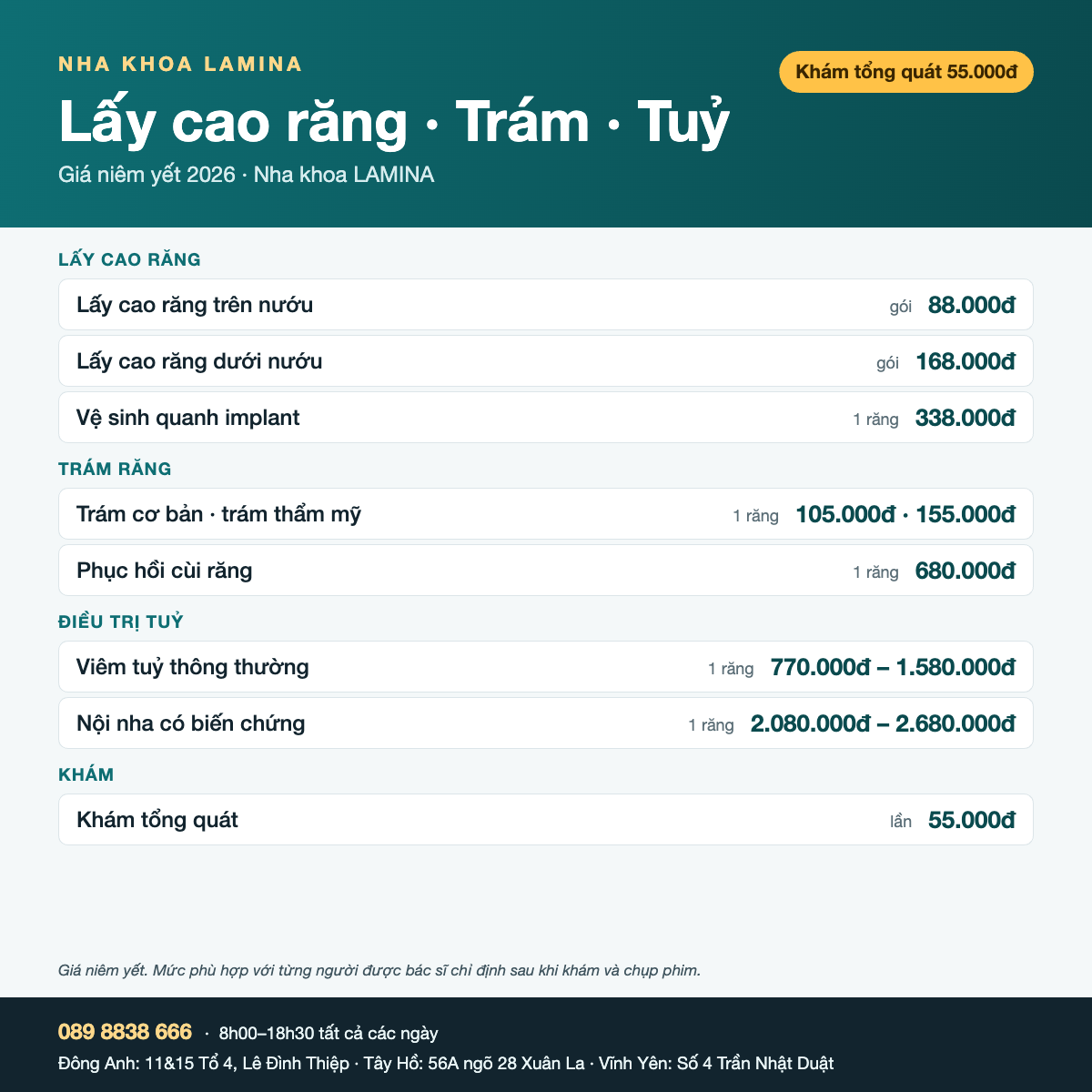 Bảng giá lấy cao răng, trám răng, điều trị tuỷ tại Nha khoa LAMINA 2026