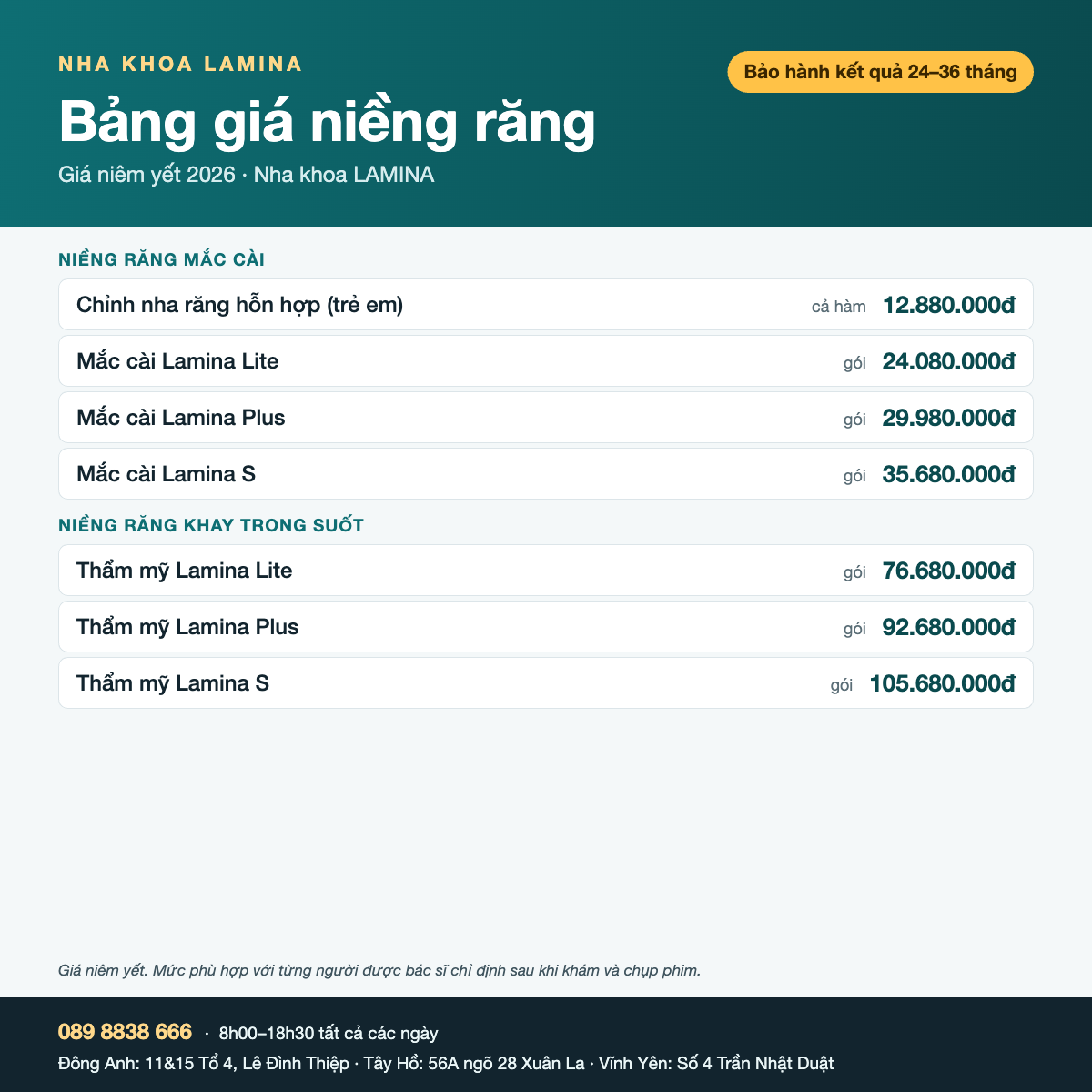 Bảng giá niềng răng mắc cài và khay trong suốt tại Nha khoa LAMINA 2026