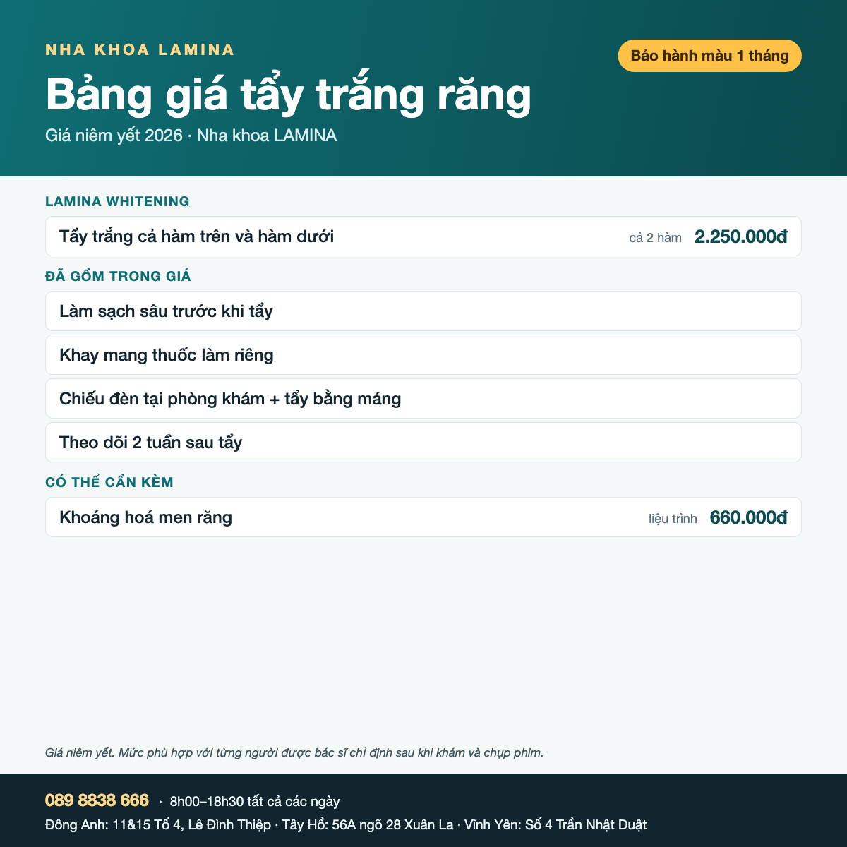 Bảng giá tẩy trắng răng LAMINA Whitening 2026